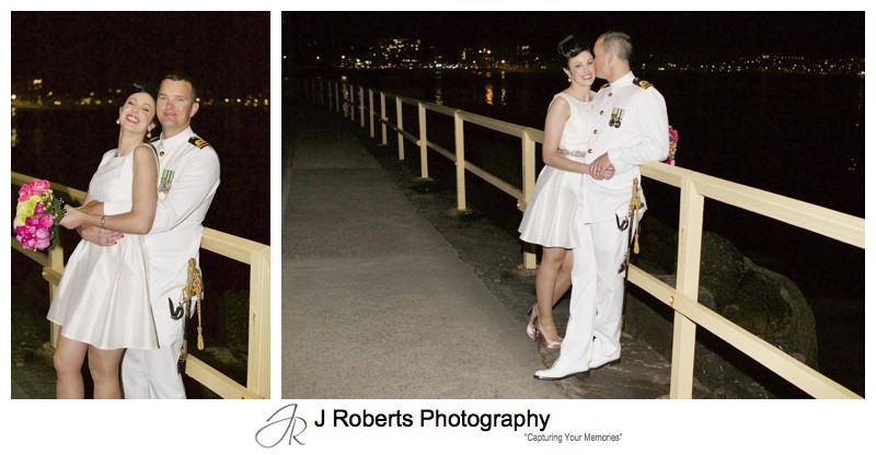 Bridal couple portraits along coastal walk near Shelly Beach Manly at night - sydney wedding photography 